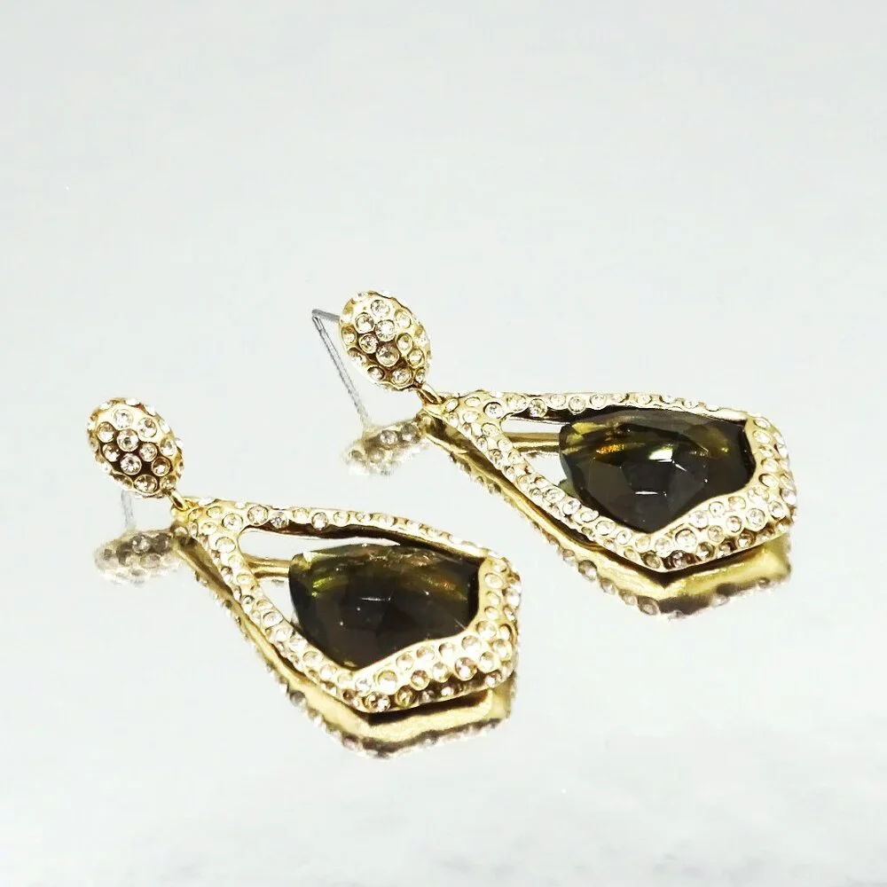ALEXIS BITTAR Yellow Gold Plated Faceted Brown & Clear CZ Pave Dangle Earrings - Picture 2 of 8